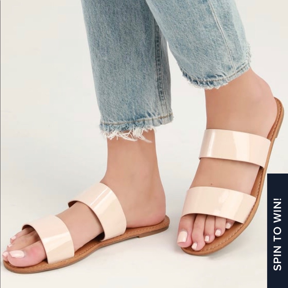 Lulus Nude Patent Vegan Leather Slide Sandals
